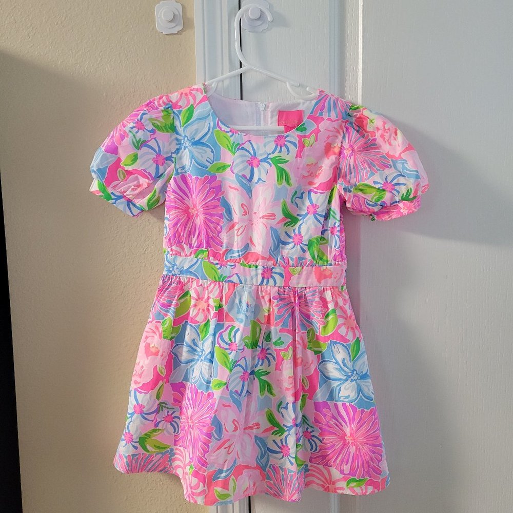 Lilly Pulitzer Pink Blue Green Floral Puff Sleeve Dress